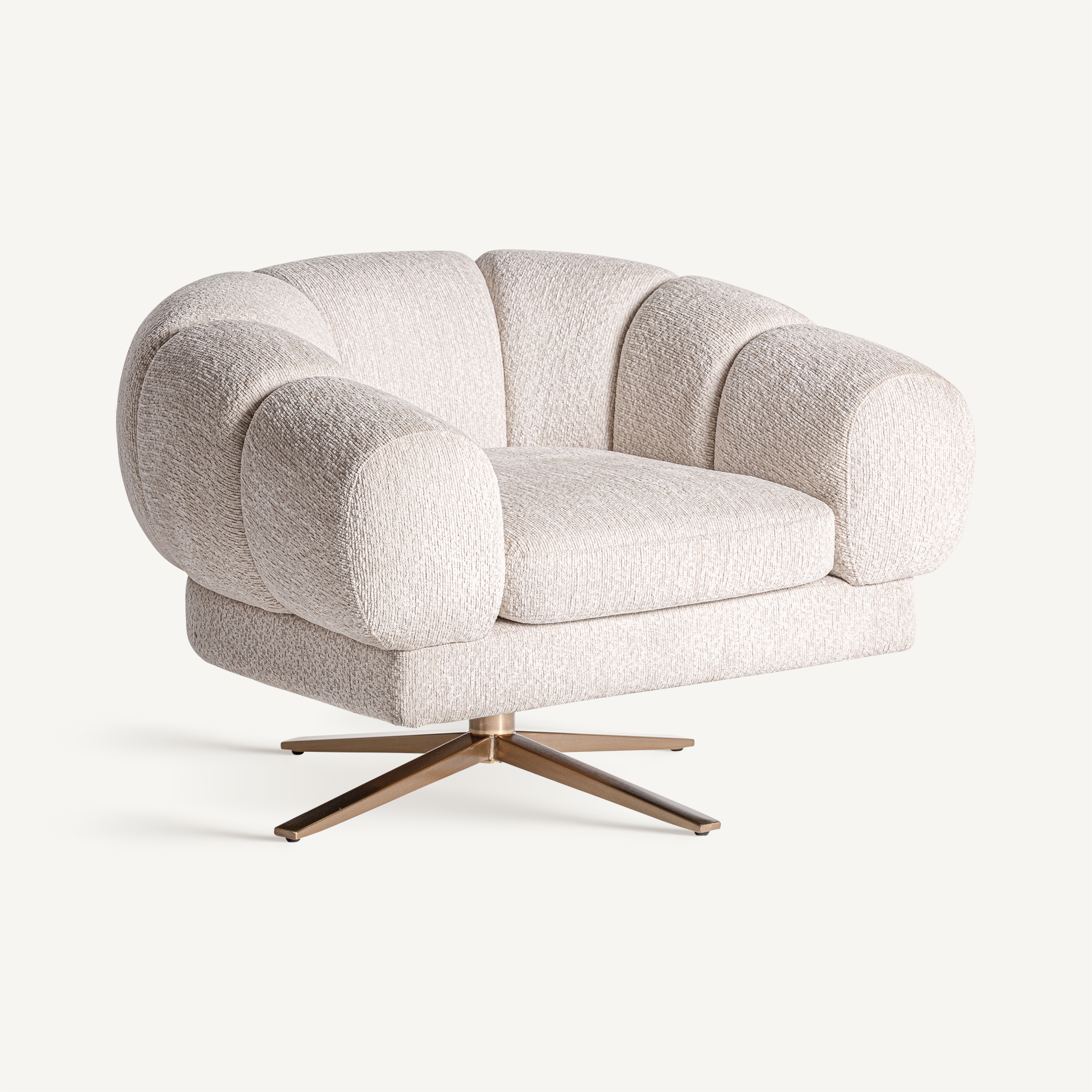 Rounded off-white velvet armchair with a gold-coloured swivel base