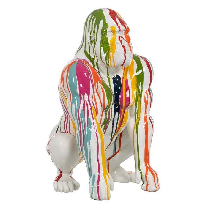 White resin gorilla sculpture with multicoloured paint-drip decoration