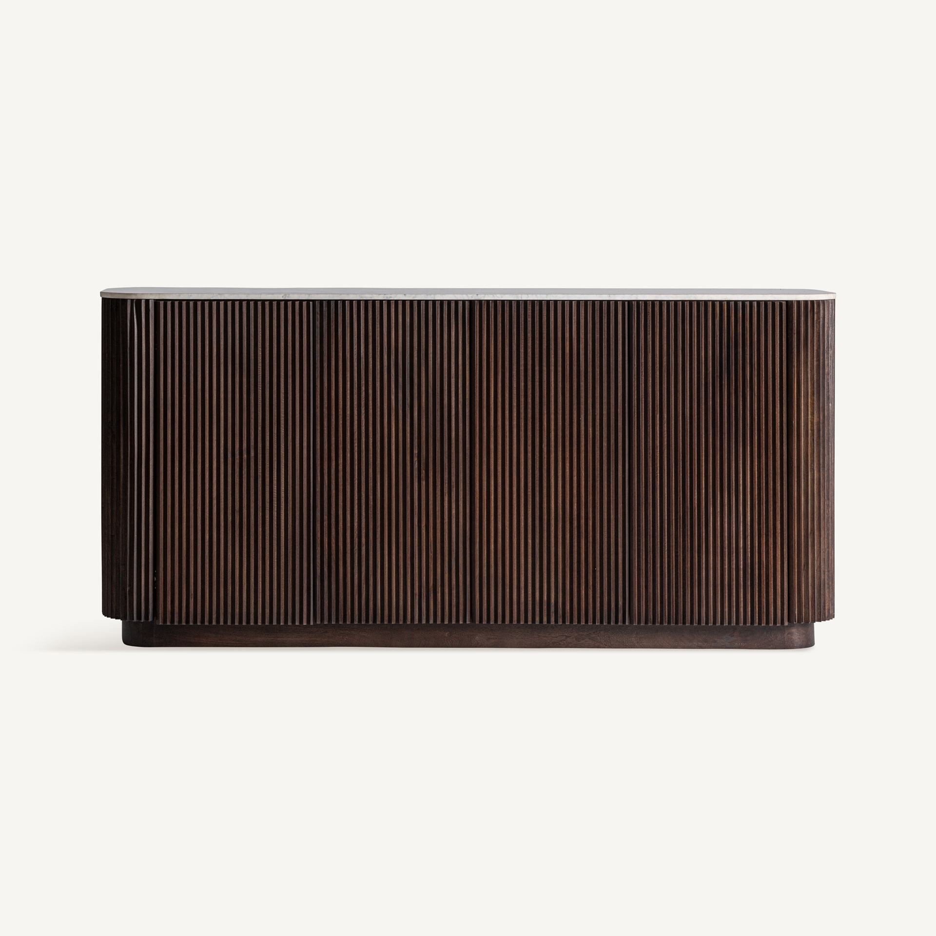 Brown mango-wood sideboard with a ribbed front and white veined marble