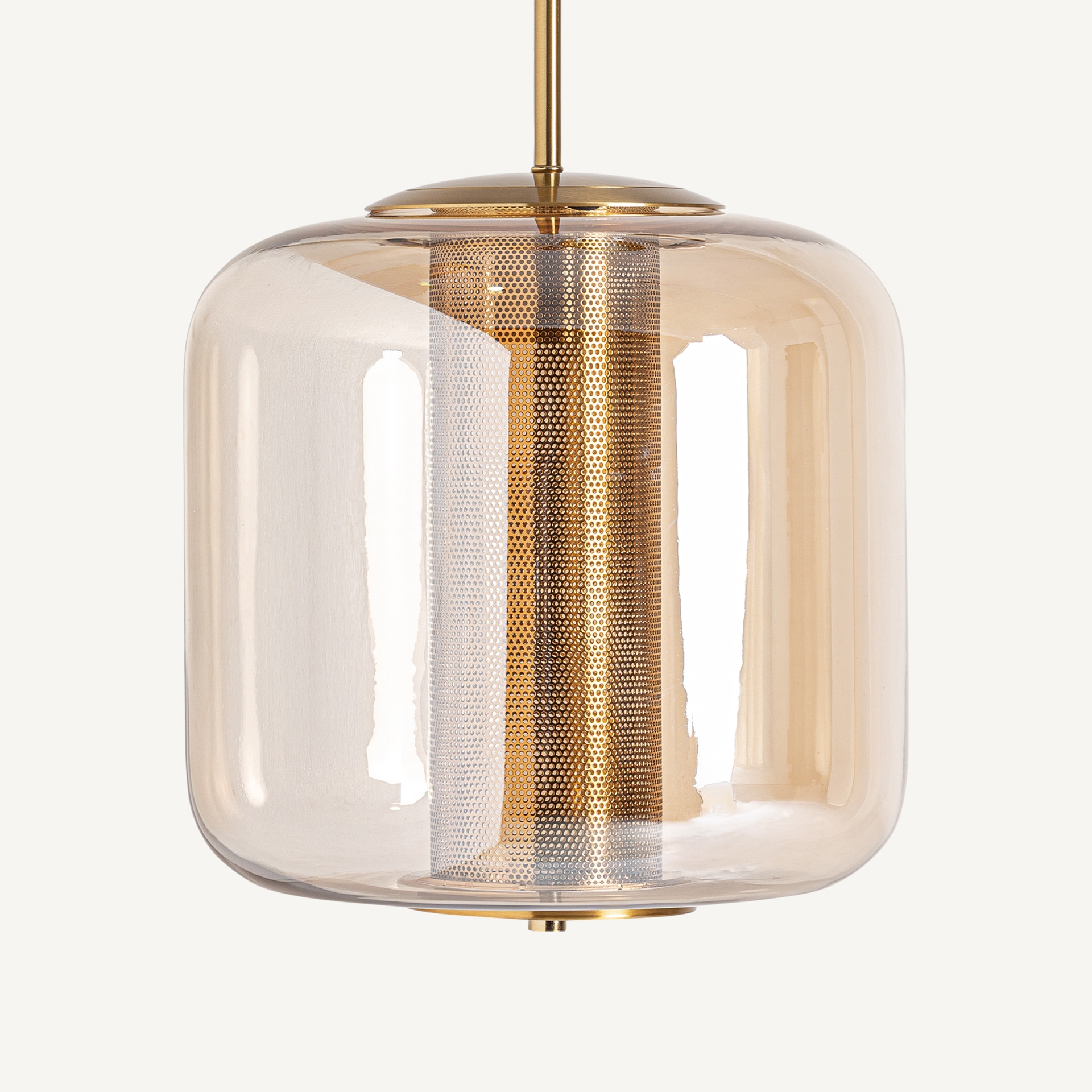 Rounded smoked amber glass pendant lamp with gold-coloured metal and a perforated central cylinder