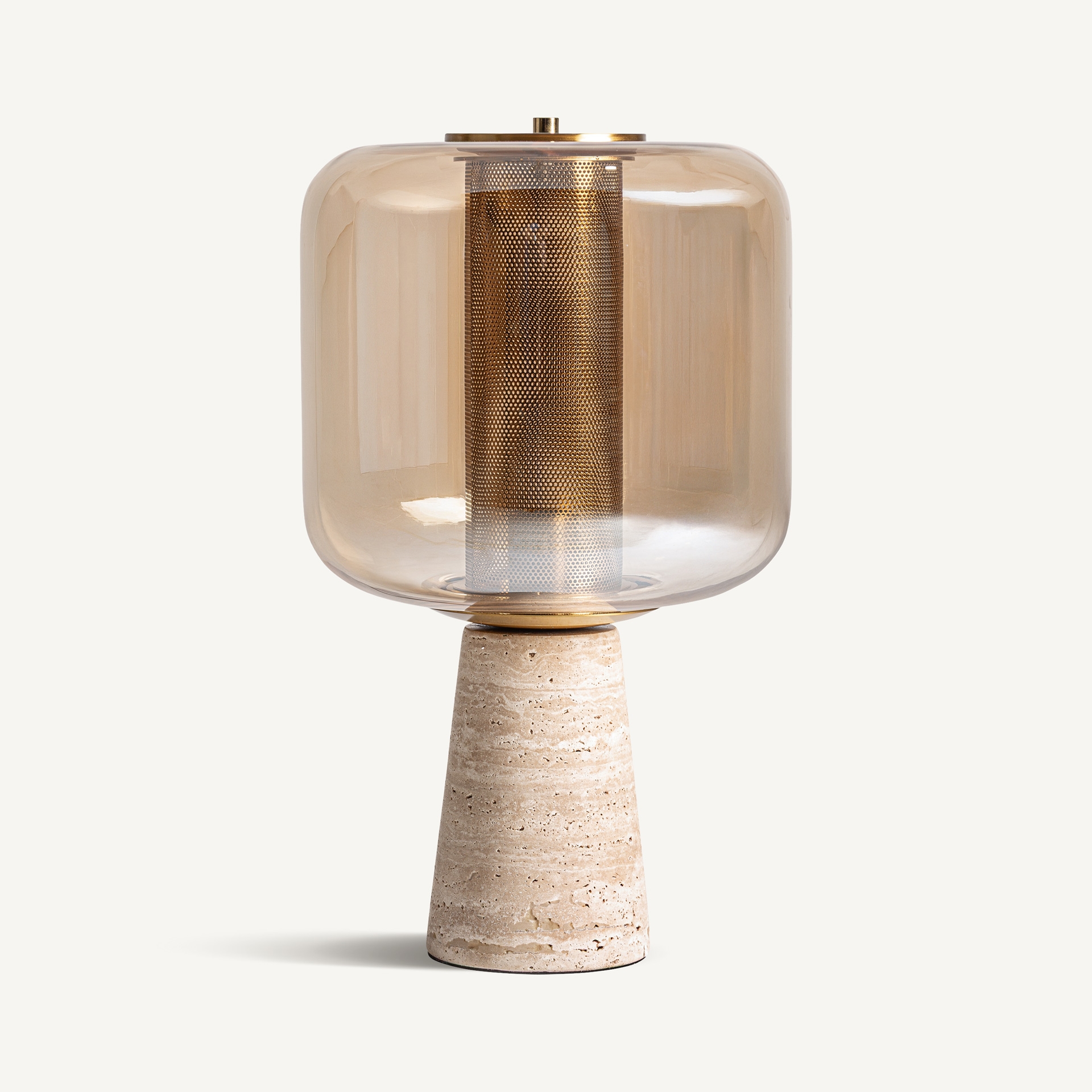 Sculptural table lamp with smoked amber glass, beige travertine and gold-coloured metal