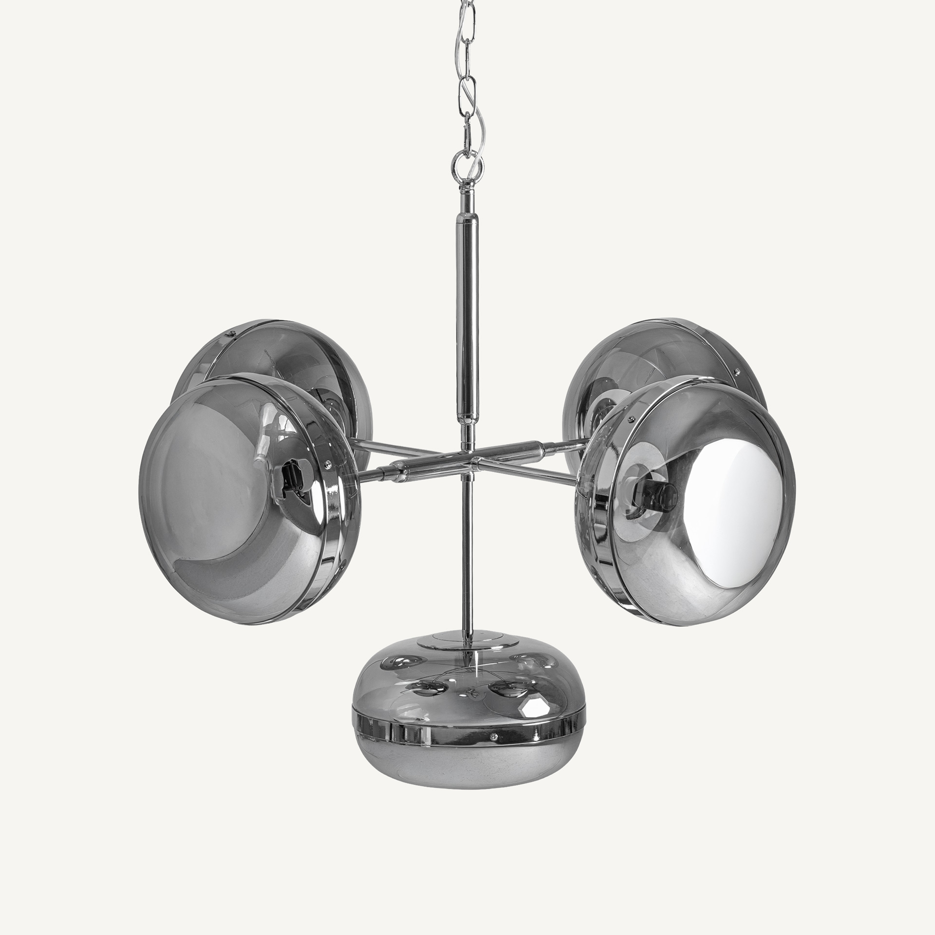 Five rounded glass shades arranged on a silver-toned pendant frame