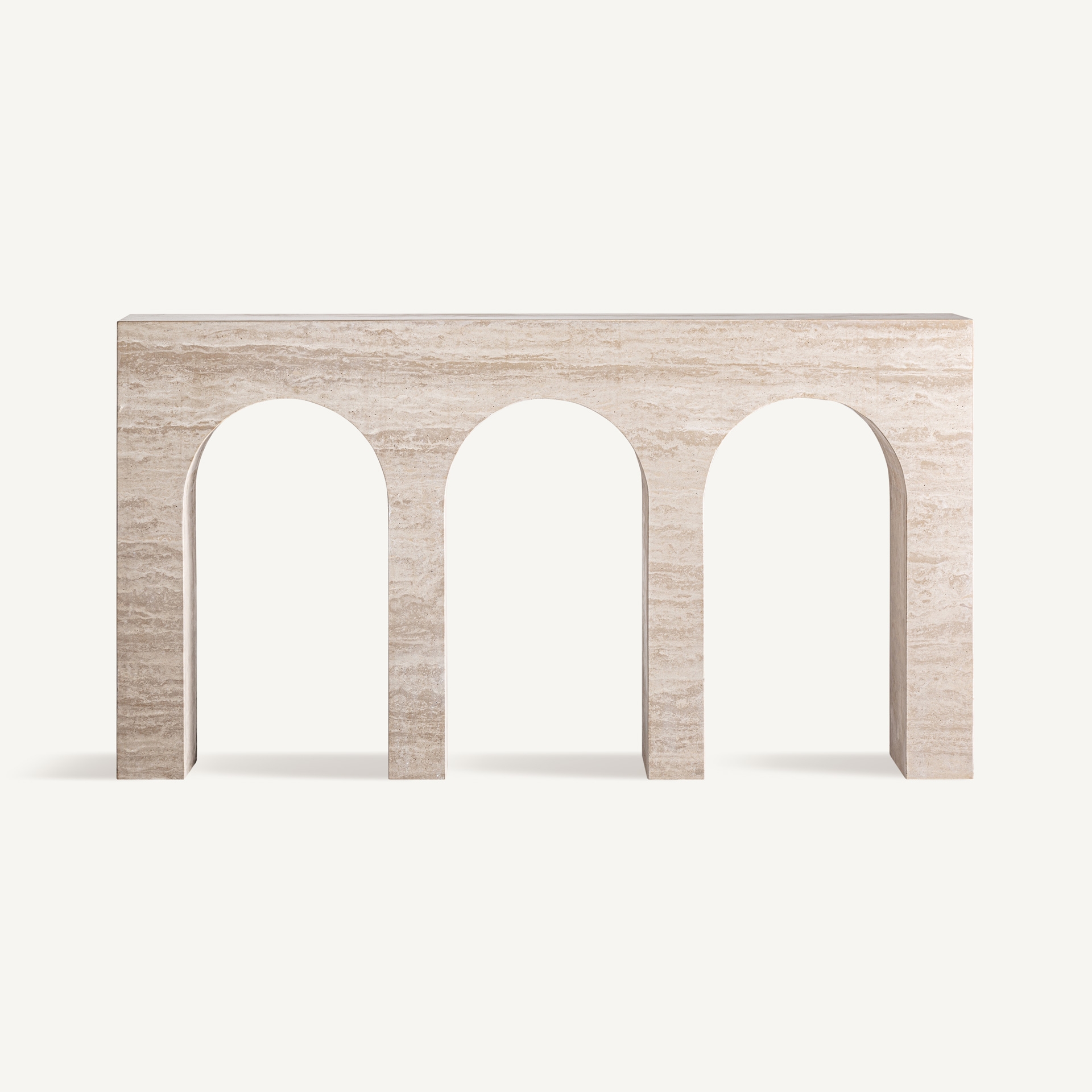 Beige travertine console table with a sculptural row of arches