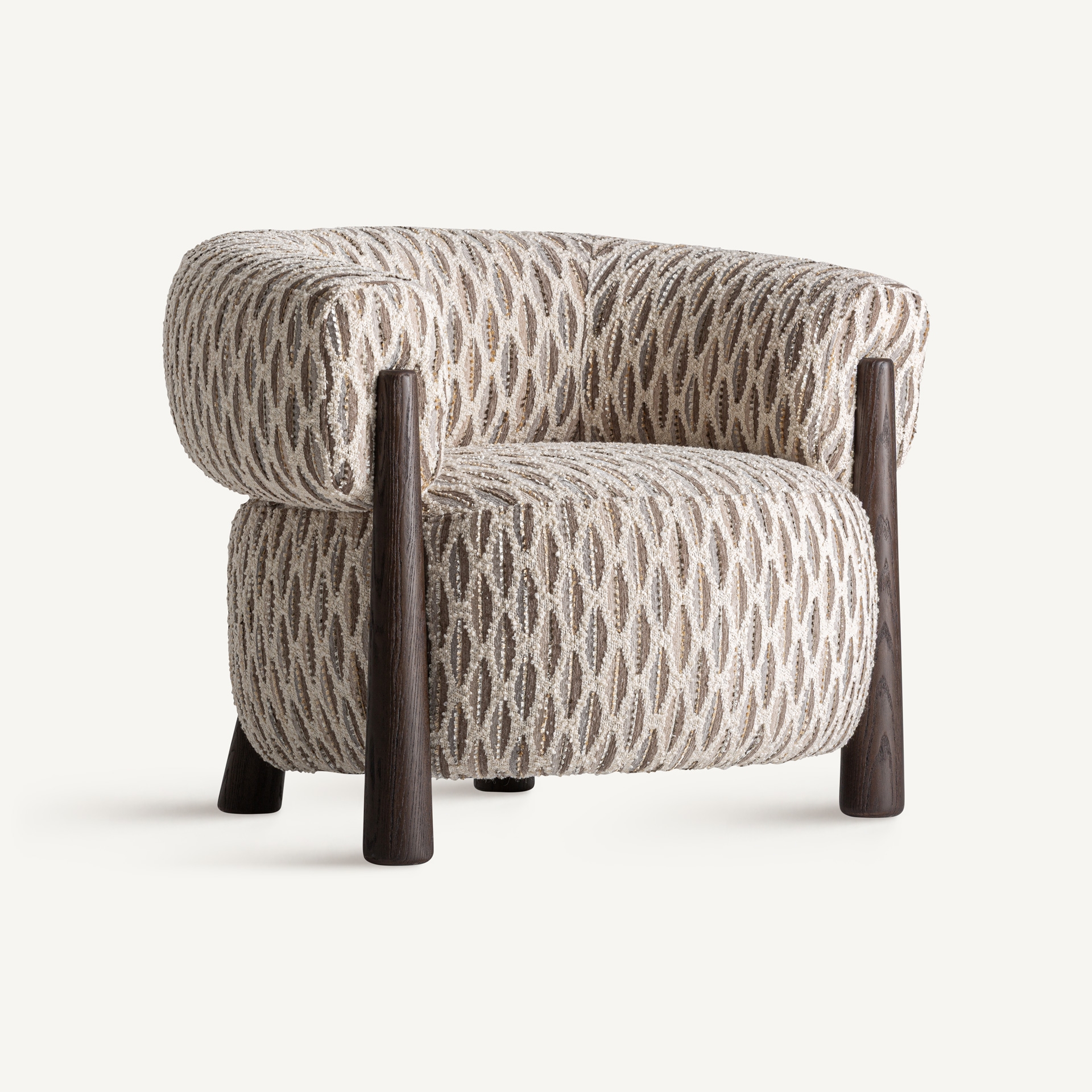 Sculptural neutral-toned armchair with rounded patterned upholstery and dark wood supports
