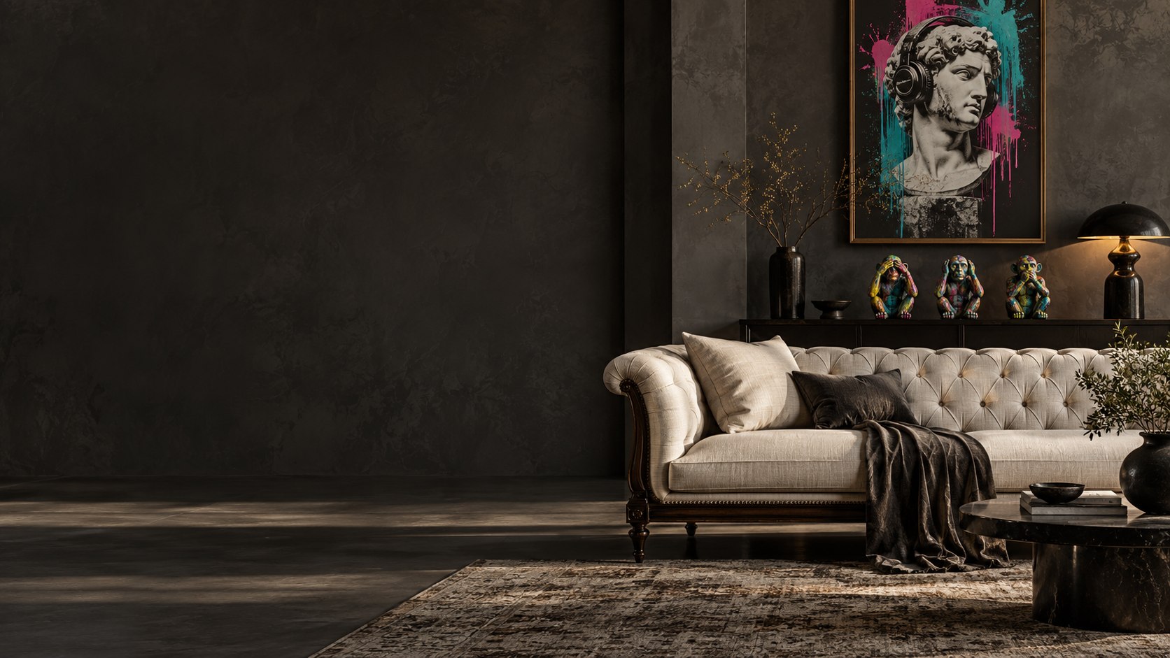 An atmospheric room with a tufted sofa, colourful sculpture and illuminated wall art